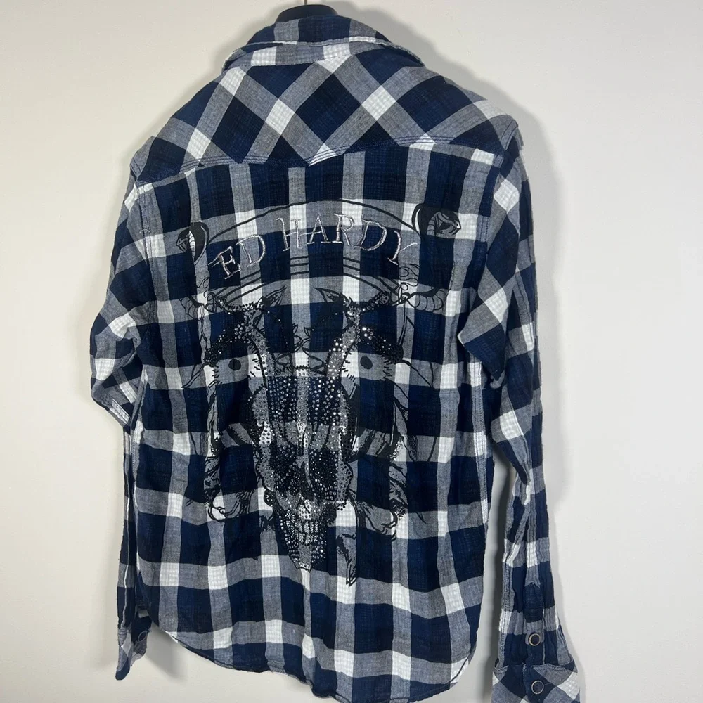 ED‎ Hardy Shirt Mens L Large Blue Black Embroidered Logo Embellished Rhinestone - Picture 5 of 7